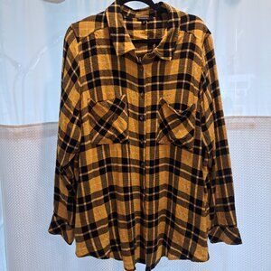 Torrid Yellow & Black Plaid Crinkle "Flannel" Button Up Tunic Shirt- Size 3